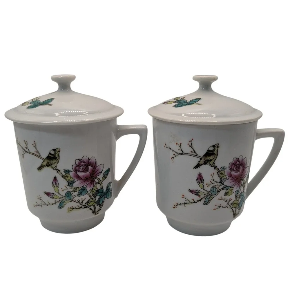 Vintage Chinese Footed Teacup Lidded Asian Rose Floral Bird‎ Set of Two SEE